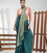 Teal cotton handspun soft saree with contrast ecru pallu