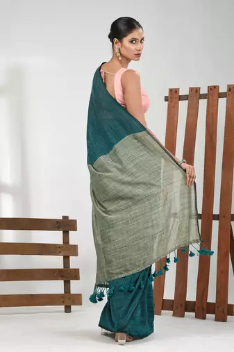 Teal cotton handspun soft saree with contrast ecru pallu