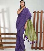 Violet cotton handspun soft saree with contrast green pallu