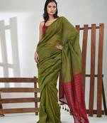 Green cotton handspun soft saree with contrast red pallu