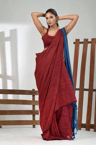 Dark red cotton handspun soft saree with contrast sapphire blue pallu