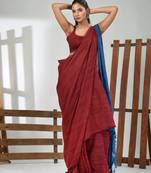 Dark red cotton handspun soft saree with contrast sapphire blue pallu