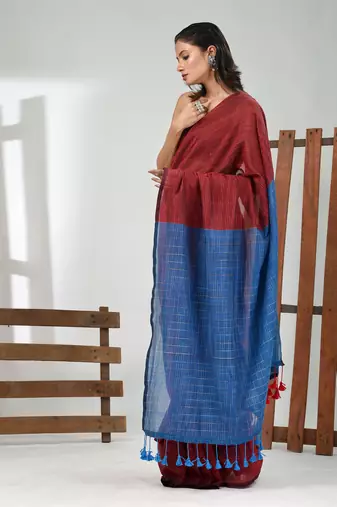 Dark red cotton handspun soft saree with contrast sapphire blue pallu