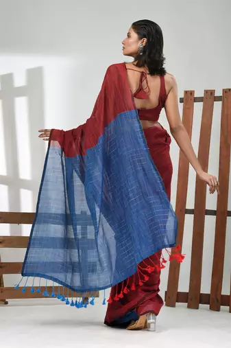 Dark red cotton handspun soft saree with contrast sapphire blue pallu