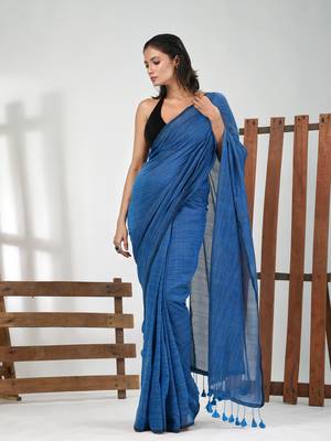 Sapphire blue cotton handspun soft saree with pompom 1