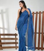 Sapphire blue cotton handspun soft saree with pompom