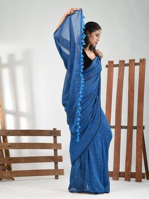 Sapphire blue cotton handspun soft saree with pompom 2