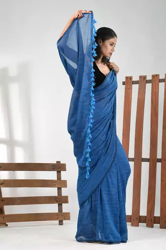 Sapphire blue cotton handspun soft saree with pompom