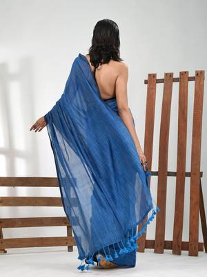 Sapphire blue cotton handspun soft saree with pompom 3