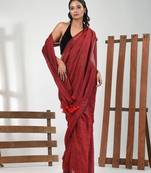 Dark red cotton handspun soft saree with pompom