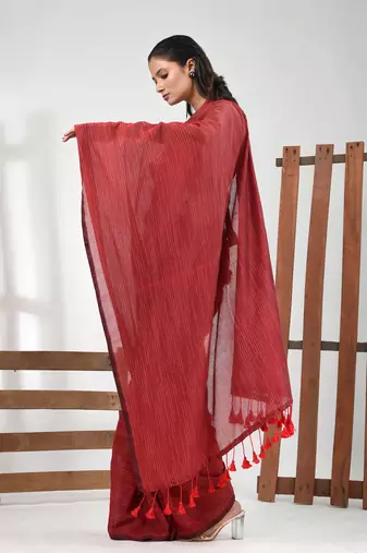 Dark red cotton handspun soft saree with pompom