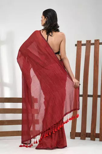 Dark red cotton handspun soft saree with pompom