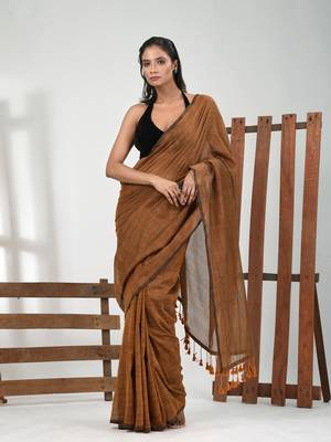 Dark mustard cotton handspun soft saree with pompom 1