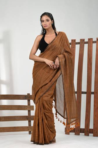 Dark mustard cotton handspun soft saree with pompom