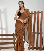 Dark mustard cotton handspun soft saree with pompom