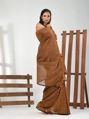 Dark mustard cotton handspun soft saree with pompom 2