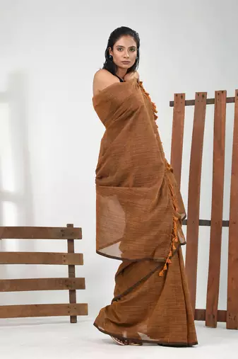 Dark mustard cotton handspun soft saree with pompom