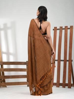 Dark mustard cotton handspun soft saree with pompom 3