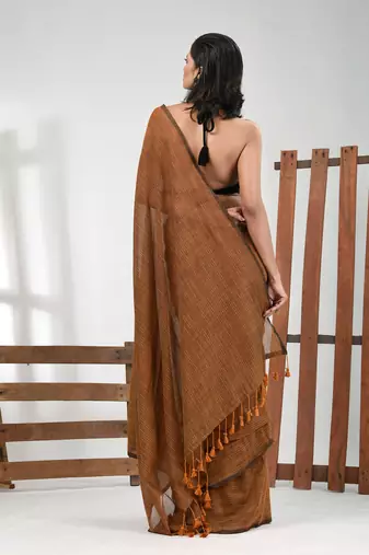 Dark mustard cotton handspun soft saree with pompom