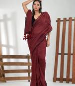 Maroon cotton handspun soft saree with pompom