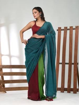 Teal, green and maroon cotton soft saree with pompom 1