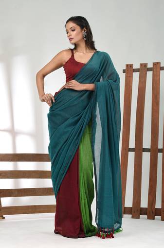 Teal, green and maroon cotton soft saree with pompom