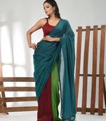 Teal, green and maroon cotton soft saree with pompom