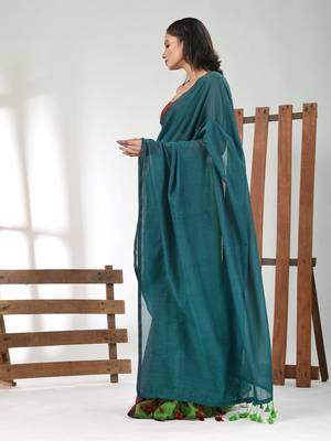 Teal, green and maroon cotton soft saree with pompom 2