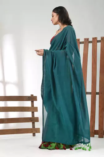 Teal, green and maroon cotton soft saree with pompom