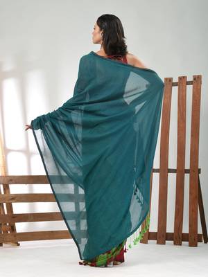 Teal, green and maroon cotton soft saree with pompom 3