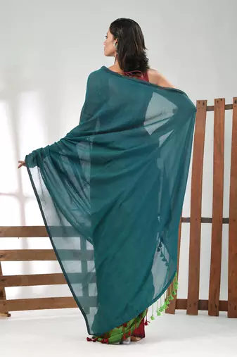 Teal, green and maroon cotton soft saree with pompom