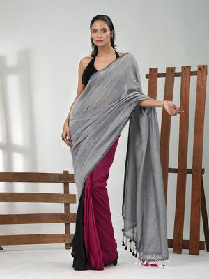 Grey, magenta and black cotton soft saree with pompom 1