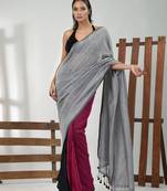 Grey, magenta and black cotton soft saree with pompom