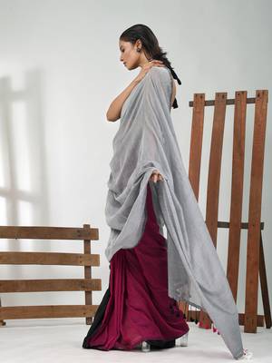 Grey, magenta and black cotton soft saree with pompom 2