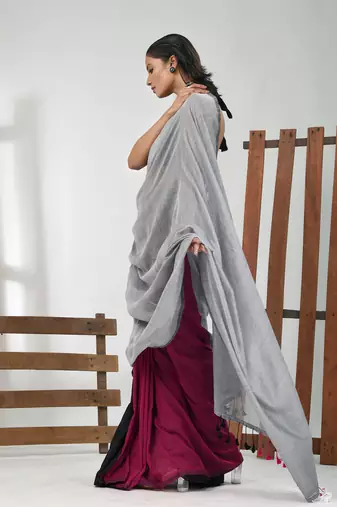Grey, magenta and black cotton soft saree with pompom