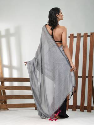 Grey, magenta and black cotton soft saree with pompom 3