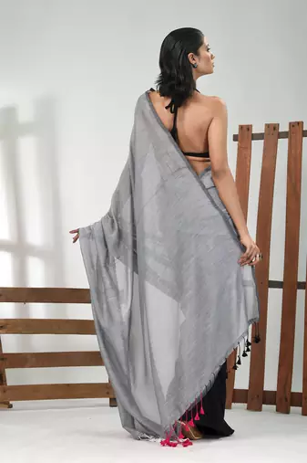 Grey, magenta and black cotton soft saree with pompom