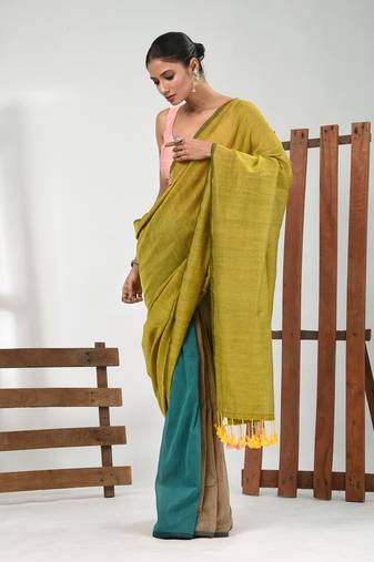 Yellow, ecru and teal cotton soft saree with pompom