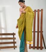 Yellow, ecru and teal cotton soft saree with pompom