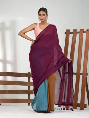 Magenta, mustard and sky blue cotton soft saree with pompom 1