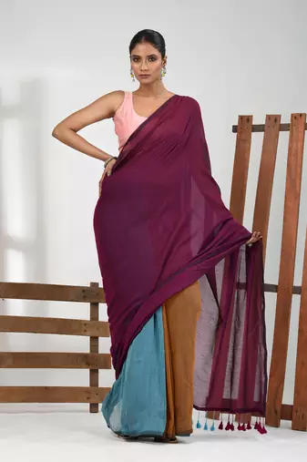 Magenta, mustard and sky blue cotton soft saree with pompom