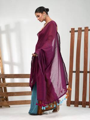Magenta, mustard and sky blue cotton soft saree with pompom 2