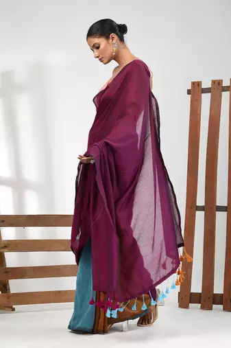 Magenta, mustard and sky blue cotton soft saree with pompom