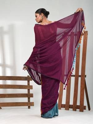 Magenta, mustard and sky blue cotton soft saree with pompom 3
