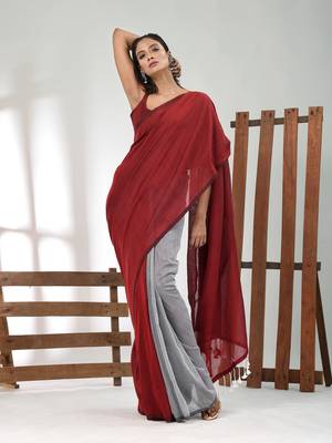 Dark red and steel grey half n half cotton soft saree with pompom 1