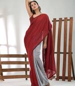Dark red and steel grey half n half cotton soft saree with pompom