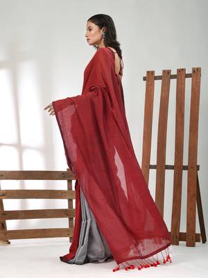 Dark red and steel grey half n half cotton soft saree with pompom 2