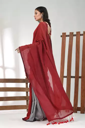 Dark red and steel grey half n half cotton soft saree with pompom