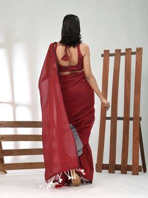 Dark red and steel grey half n half cotton soft saree with pompom 3