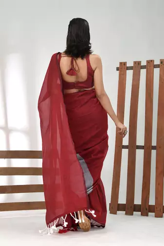 Dark red and steel grey half n half cotton soft saree with pompom